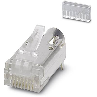 RJ45 konektor s kovovým krytom a príslušným ochranným krytom, používaný pre sieťové pripojenia v počítačových sieťach.