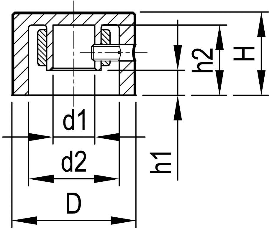 Technický výkres mechanického spoja strojnej súčasti so zvýraznenými rozmermi: D, d1, d2, h1, h2, H.