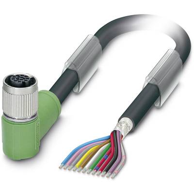 Priemyselný prepojovací kábel so zeleným uhlových konektorom, ktorý zobrazuje viaceré farebné vodiče, slúži na prenos dát alebo elektrickej energie.
