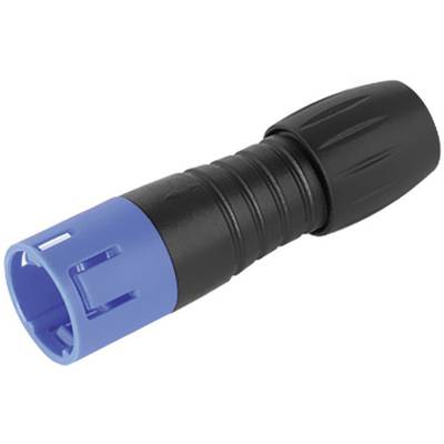 Čierny valcovitý konektor s modrým pripojením. Slúži na elektronické prepojenie, typické pre audio aplikácie.