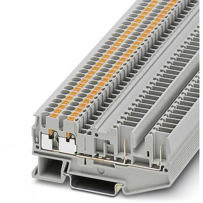 Sivý rozvodný elektrický blok so svorkami na viacerých úrovniach a oranžovými kontaktmi, používaný na elektrické zapojenie v rozvádzačoch.