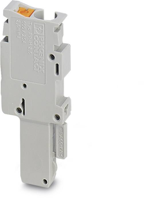 Sivý elektrický svorkovnicový blok so oranžovou pákou s nápisom 'PHOENIX CONTACT, 500 V∼/25 A'.