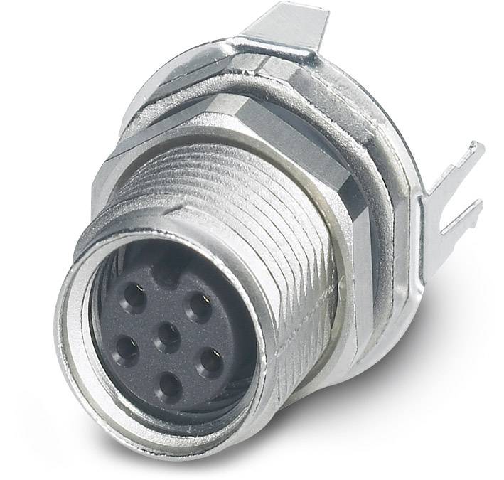 Kovový, kruhový konektor s viacerými kolíkmi, pravdepodobne určený pre priemyselné alebo elektronické aplikácie.