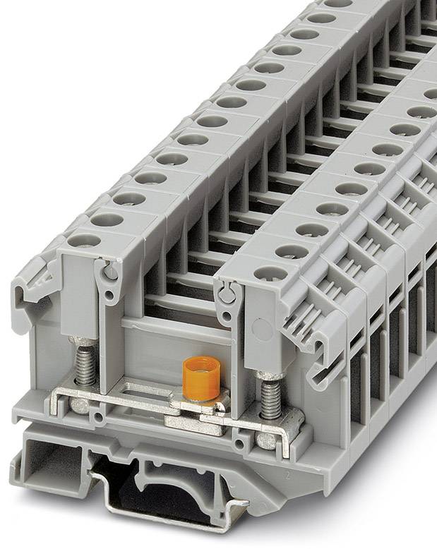 Sivý viacposchodový elektrický svorkovnicový blok s oranžovou časťou, ktorý sa používa na pripojenie káblov v priemyselných aplikáciách.
