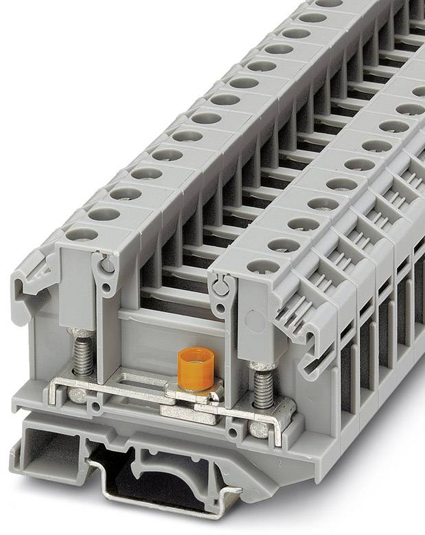 Šedý radový svorkovnicový blok s oranžovým prvkom, používaný v elektrických inštaláciách na bezpečné prepojenie vodičov.