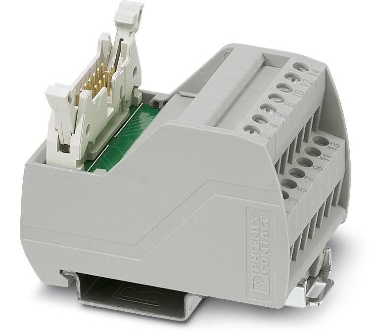 Sivý konektor s viacerými pripojovacími svorkami a otvorenou kontaktnou oblasťou, určený na elektrické prepojenie káblov.