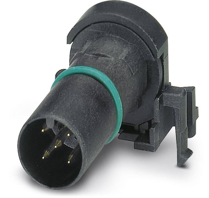 Čierny cylindrický konektor s viacerými kovovými pinmi, bočným upevňovacím mechanizmom a zeleným tesniacim prvkom.