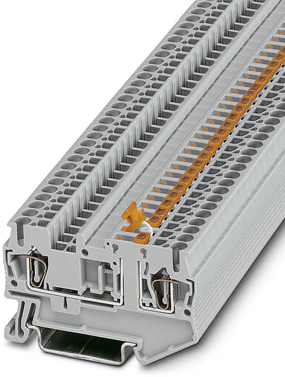 Šedý radový svorkovnicový modul s oranžovými svorkovými prvkami. Slúži na elektrické prepojenie a organizáciu elektrických obvodov.