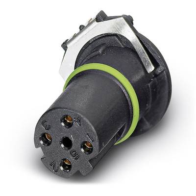 Čierny elektrický konektor s okrúhlymi kovovými kontaktnými kolíkmi a zeleným prsteňom pre bezpečné pripojenie v elektronických zariadeniach.
