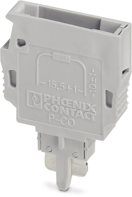 Sivý Phoenix Contact P-CO COMBI identifikačný mostík, zobrazený z boku, s nápisom '15,5+1' a značkovacími drážkami.