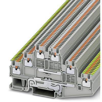 Kopa sivých svoriek s farebnými označeniami v zelenom, žltom a oranžovom pre elektrické zapojenia, namontovaných na kovovom podstavci.