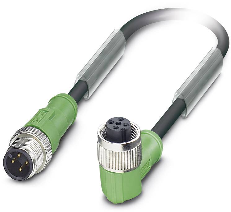 Zelený priemyselný M12 kábel s mužským a ženským konektorom, používaný pre senzorovú alebo automatizačnú technológiu.