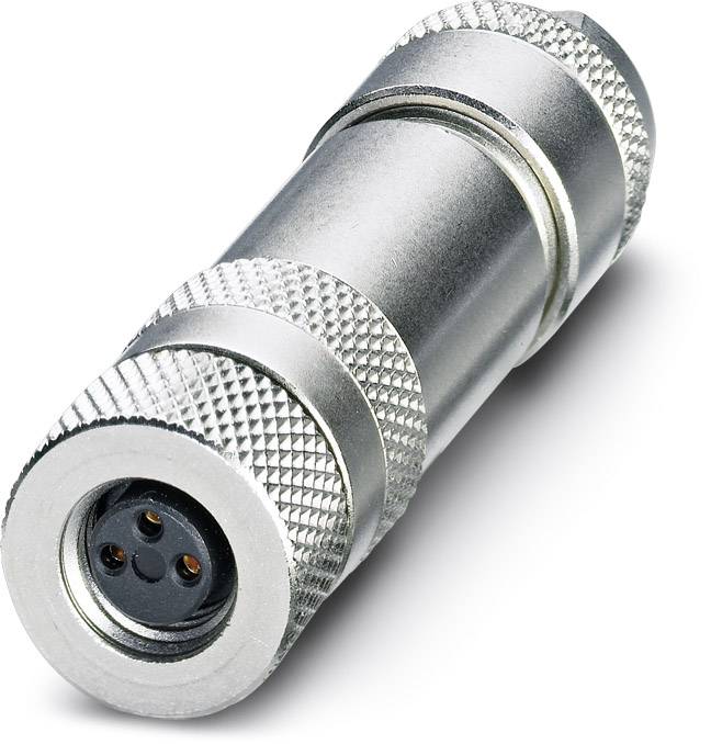 Strieborný valcovitý elektrický konektor s vrúbkovaným povrchom s troma alebo štyrmi kontaktnými kolíkmi na otvorenej strane.