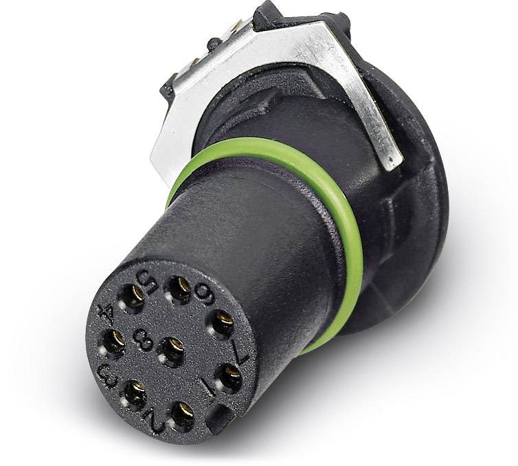 Elektrický konektor s viacerými kolíkmi a zeleným tesniacim krúžkom, používaný na prepojenie elektronických komponentov v zariadeniach.
