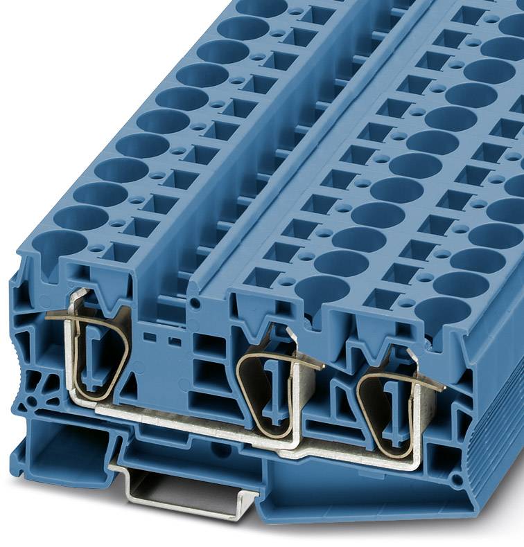 Modrý radový svorkovnicový blok, vhodný na montáž na DIN lištu. Disponuje mnohými pripájacími miestami pre elektrické vodiče.