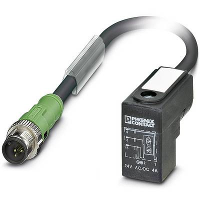Konektor Phoenix Contact M12, zelený guľatý konektor, prepojený s čiernym obdĺžnikovým púzdrom relé, označený '24V AC/DC 4A'.