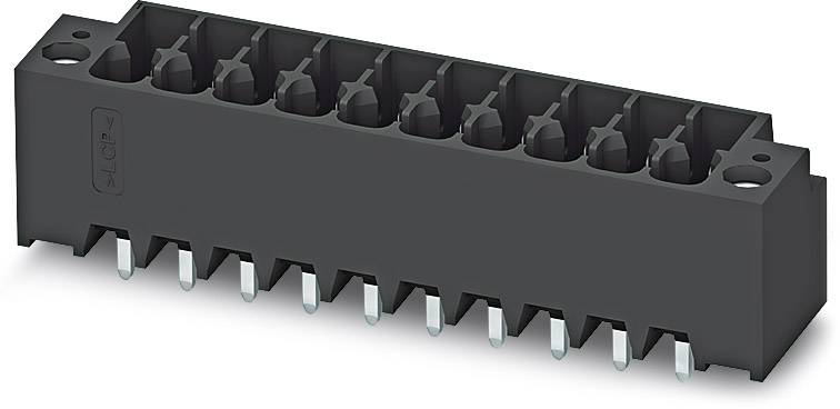Čierny elektrický konektor s viacerými kolíkmi vyčnievajúcimi smerom dole, určený na inštaláciu do elektronických zariadení.