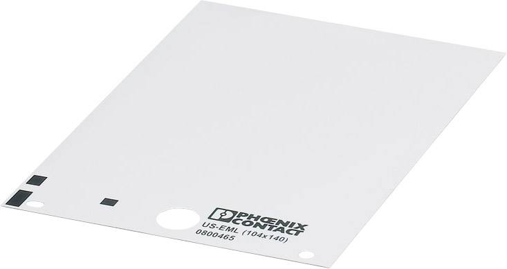 Etiketa od Phoenix Contact, model US-EML (105x140) s produktovým kódom 0800465, z bieleho plastového materiálu, obdĺžnikového tvaru.