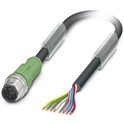 Viacfarebný elektrický kábel so zeleným konektorom na ľavej strane a odhalenými vodičmi na pravej strane.