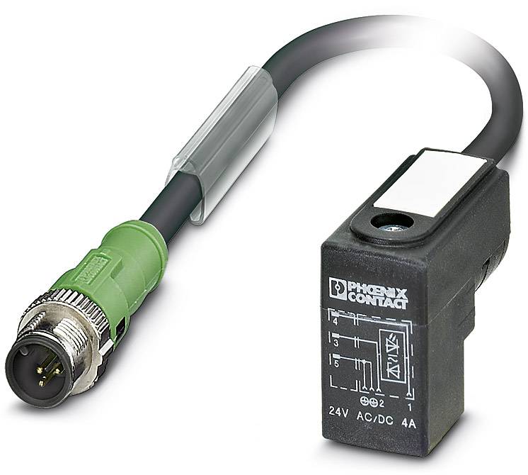 Čierny a zelený konektor s etiketou Phoenix Contact, vhodný pre 24V AC/DC a 4A, zobrazuje elektrické špecifikácie.