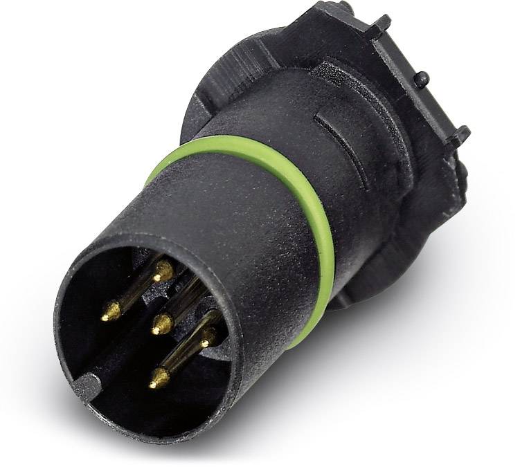 Čierny elektrický konektor so zeleným prsteňom, s piatimi kovovými kolíkmi, používaný pre elektronické prepojenia.