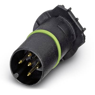 Čierny elektrický konektor so zeleným prsteňom, s piatimi kovovými kolíkmi, používaný pre elektronické prepojenia.