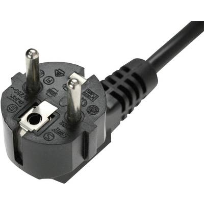Detailný záber čiernej Schuko zásuvky s dvoma kovovými kolíkmi a uzemňovacím mechanizmom. Vhodné pre 230V AC napájacie napätie.