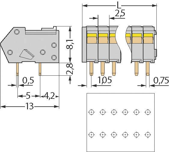 Schematický nákres elektrického konektora s presnými rozmermi. Zobrazuje rozmery v milimetroch a usporiadanie kontaktov.