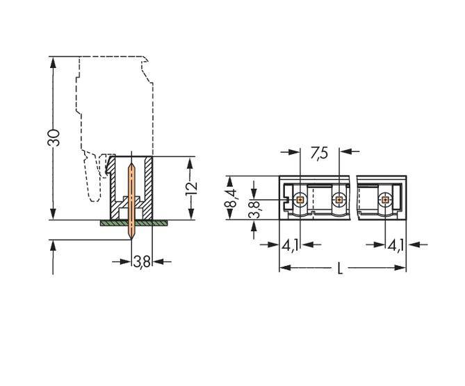 Diagram dvoch konektorov: vľavo pohľad z boku s rozmermi 30, 12 a 3,8 mm; vpravo pohľad zhora s rozmermi 7,5 a 4,1 mm.