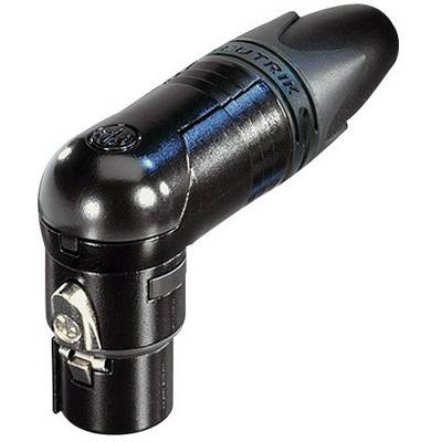 Čierny, zahnutý XLR konektor s lesklým povrchom, ktorý sa používa pre profesionálne audio prepojenia.