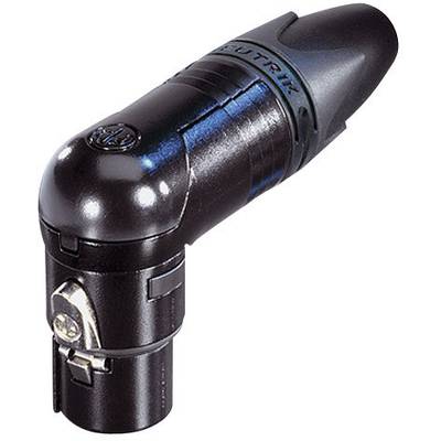 Čierny uhlový XLR konektor Neutrik so zamykacím mechanizmom, ktorý sa typicky používa pre audio prepojenia v štúdiových zariadeniach.
