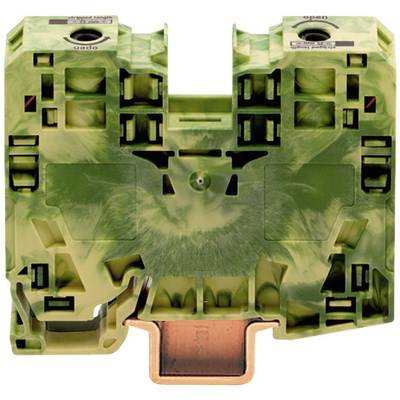 Zelený elektrický svorkovnicový blok s medenou základňou, pohľad zhora.