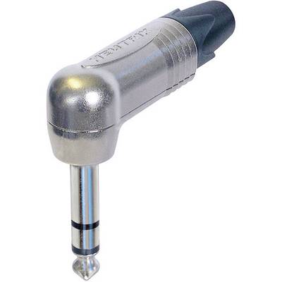 Strieborný lomený 3,5 mm jack konektor vhodný pre audiopripojenia, zakončený čiernym plastovým krytom.