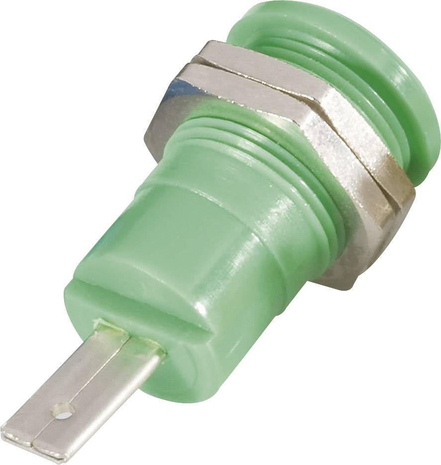 Zelený elektronický konektor s kovovým závitom a kovovým kolíkom, pravdepodobne určený na elektrický prenos signálu.