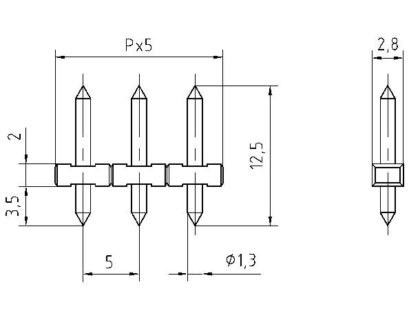 Technický výkres konektora s rozmermi: výška 12,5 mm, šírka 3,5 mm, vzdialenosť medzi pinmi 5 mm, priemer 1,3 mm.