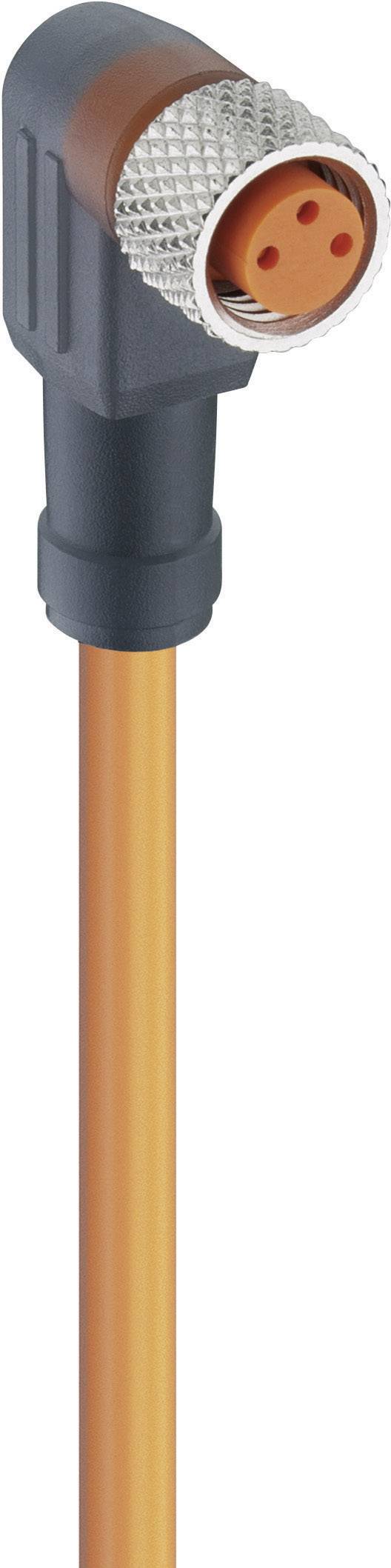 Zalomený, oranžový konektor s tromi zásuvkami, pripevnený k oranžovému káblu.