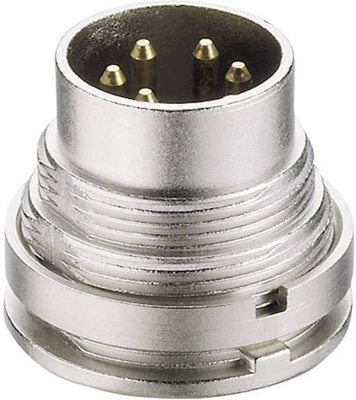 Strieborný konektor so šiestimi zlatými kontaktmi, typický pre audio alebo elektronické pripojenia.