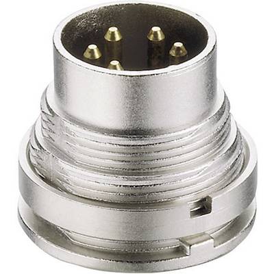 Strieborný konektor so šiestimi zlatými kontaktmi, typický pre audio alebo elektronické pripojenia.