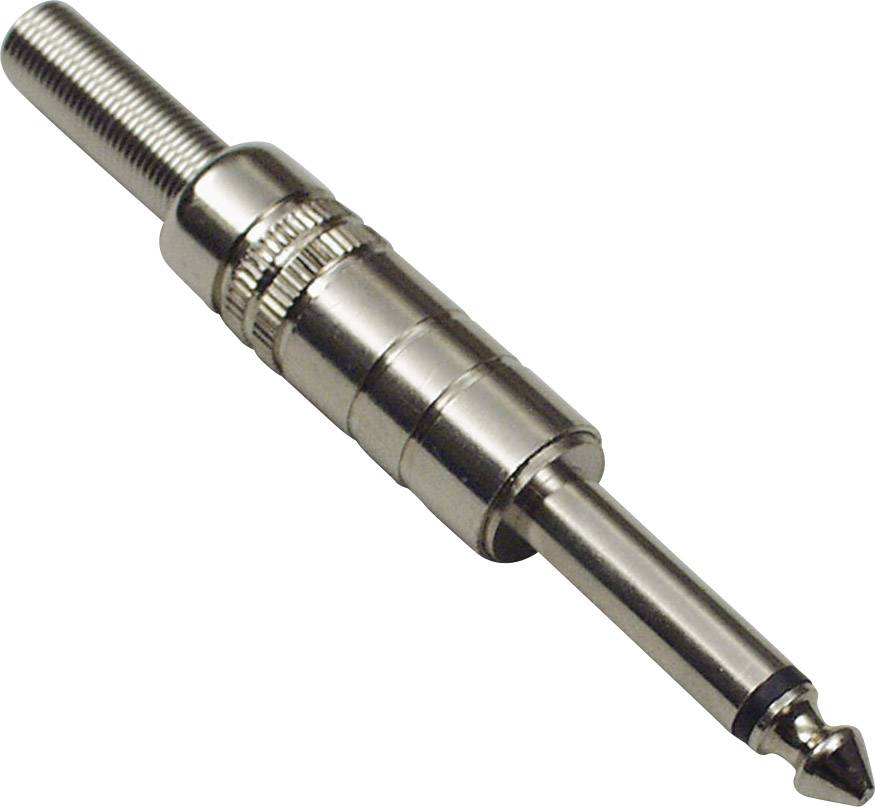 Kovový konektor audio kábla s vrúbkovanou rukoväťou a 6,35 mm jack konektorom na konci, používaný pre hudobné nástroje.
