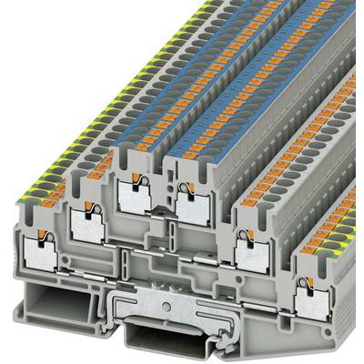 Priečny rez elektrickou radovou svorkou s viacposchodovou konfiguráciou a farebným kódovaním pre organizáciu káblov a vedení.