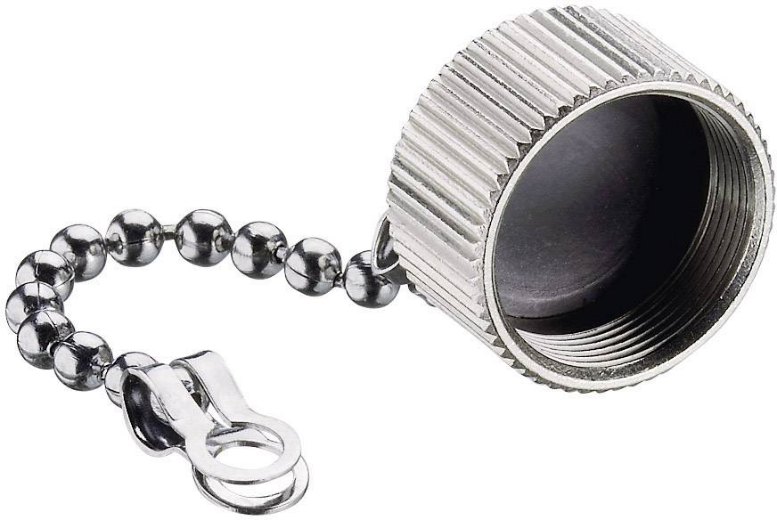 Kovový uzáver so vroubkovaním a krátkou kovovým guľôčkovým retiazkou pripevnenou na malý upevňovací krúžok.