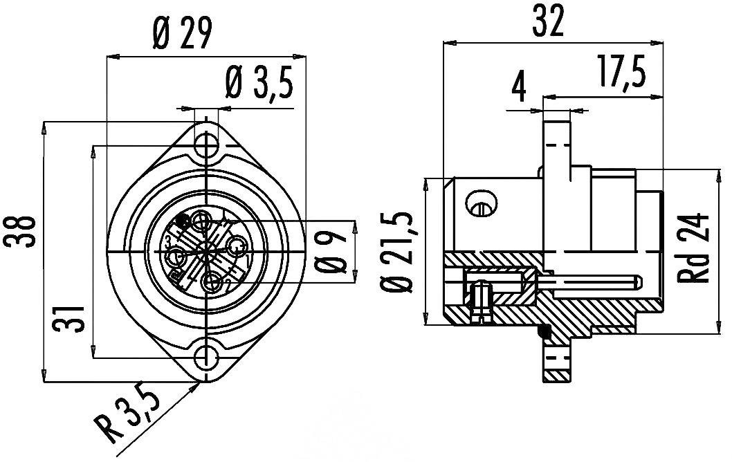 Technický výkres konektora: Bočný pohľad zobrazuje rozmery 32 mm dĺžky, 21,5 mm výšky; pripojovacia strana s priemerom 29 mm.