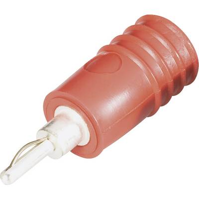 Jeden jednotlivý červený banánový konektor s kovovým hrotom, používaný pre elektrické prepojenia a zapojenia.