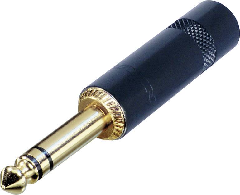 Stereo jack konektor s čiernym telesom a zlatým hrotom, typicky používaný pre audio prepojenia v hudobnom vybavení.
