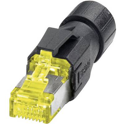 Žltý konektor RJ45 s čiernym púzdrom, používaný na sieťové prepojenia v počítačových sieťach.