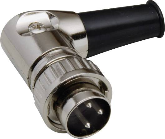 Strieborný uhlový konektor s čiernou rukoväťou, ktorý má štyri kolíky a používa sa pre audio alebo elektronické pripojenia.