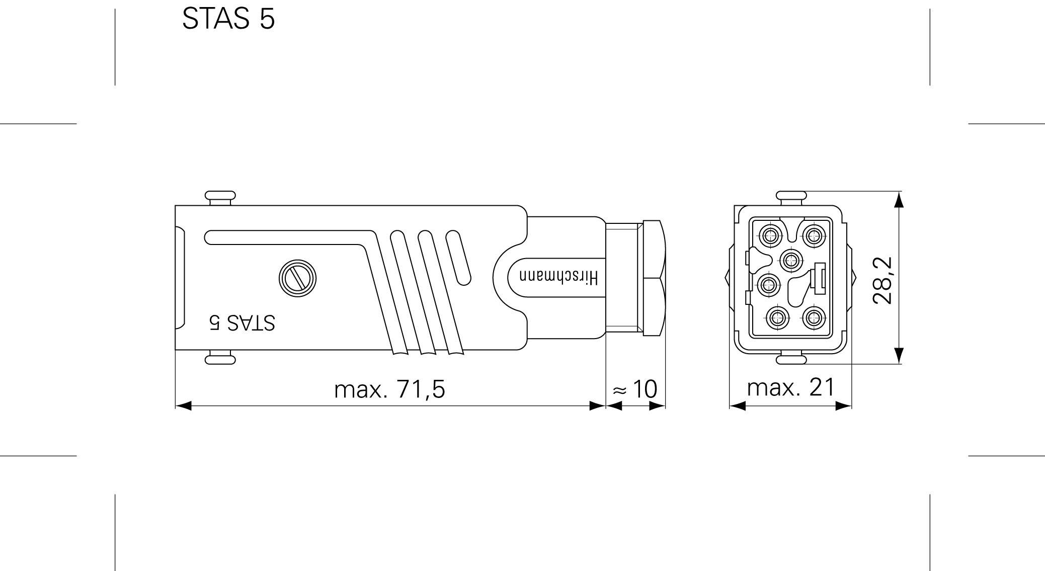 Výkres konektora s rozmermi: maximálna dĺžka 71,5 mm, maximálna šírka 21 mm, výška 28,2 mm. Text 'STAS 5'.