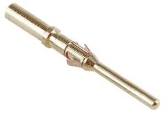 Kovový kolíkový kontakt používaný v elektrických konektoroch. Zlatej farby s bočným pružinovým mechanizmom.