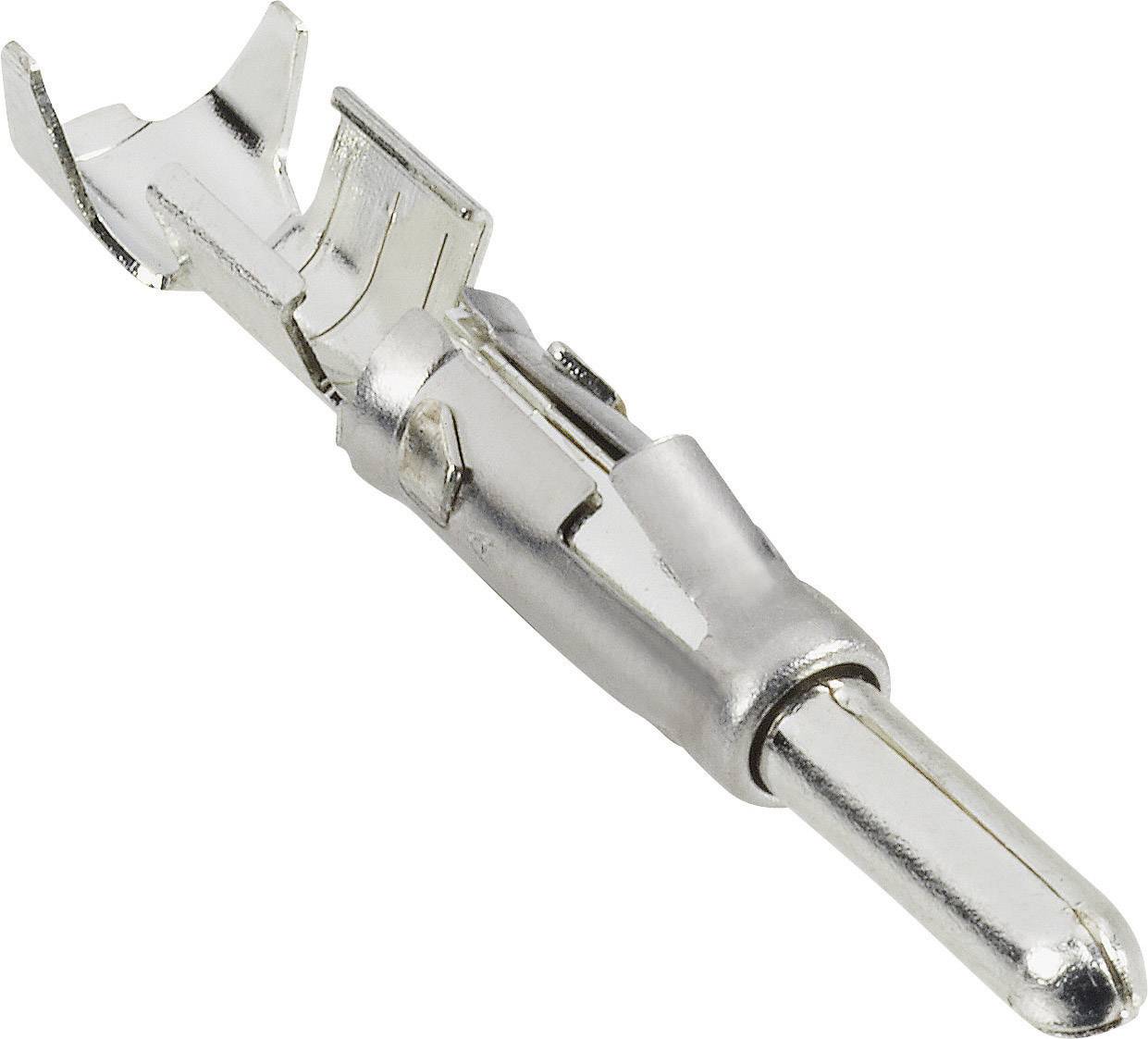 Strieborný kovový kolík s kruhovým hrotom, pravdepodobne vhodný pre elektrické pripojenia v mechanických aplikáciách.