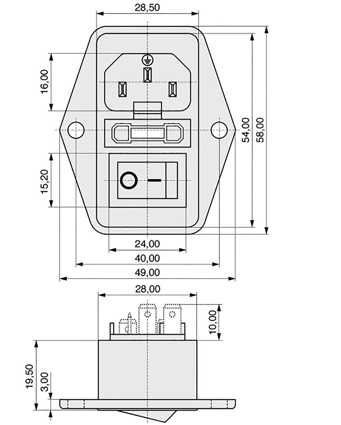 Technický výkres sieťového spínača s rozmermi: 28,50 mm šírka, 40 mm šírka, 54 mm výška, 58 mm celková výška.